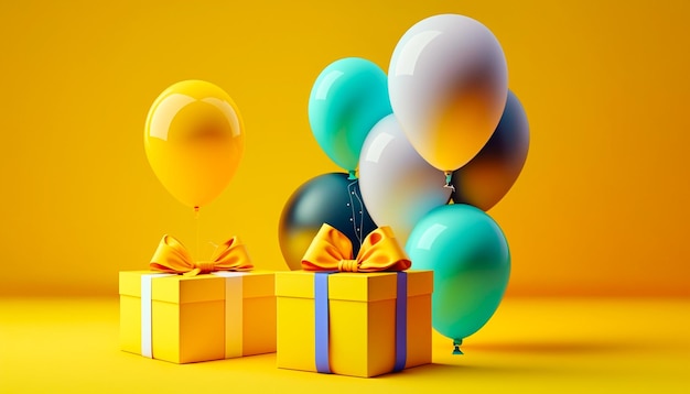 Gifts and colored balloons on a yellow background generative AI