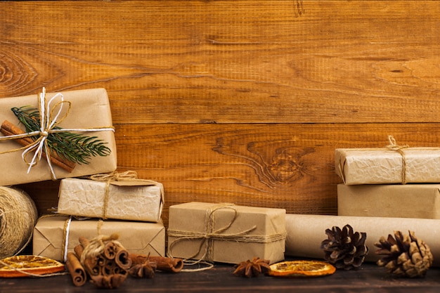 Gifts from Kraft paper beautifully decorated for Christmas