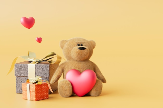 Gifts to a loved one teddy bear with a heart next to the gift boxes on a beige background 3D render