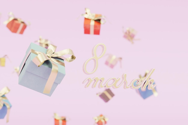 Gifts for March 8 gift boxes and the inscription of March 8 on a pastel background 3D render