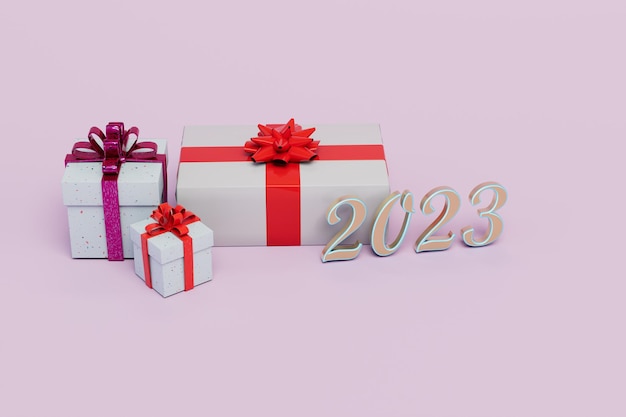 Gifts for the new year 2023 gift boxes with red bows and the inscription 2023 on a pastel background