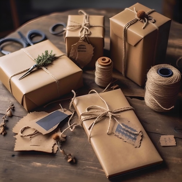 The gifts on the table are wrapped in kraft paper tied with jute AI generated