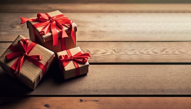 Gifts Wrapped in Red Ribbon on a light brown background