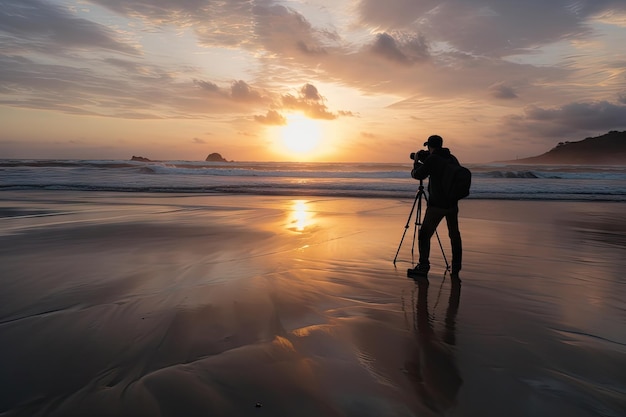 Gig economy freelancer capturing sunrise at the beach created with generative ai