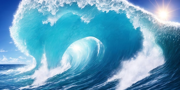 Gigant ocean wave on a sunny day Seascape illustration with stormy sea turquoise water sun and blue sky Generative AI