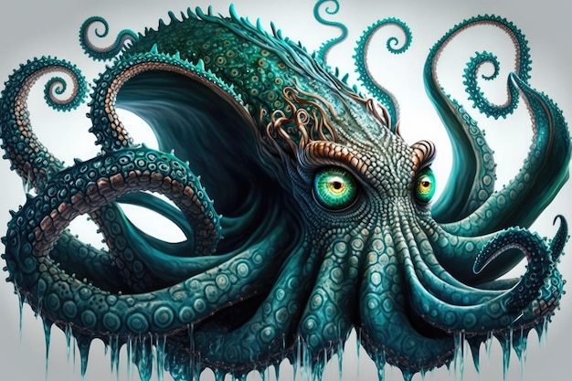 A gigantic sea octopus from antiquity complete with a tentacled head and emerald eyes