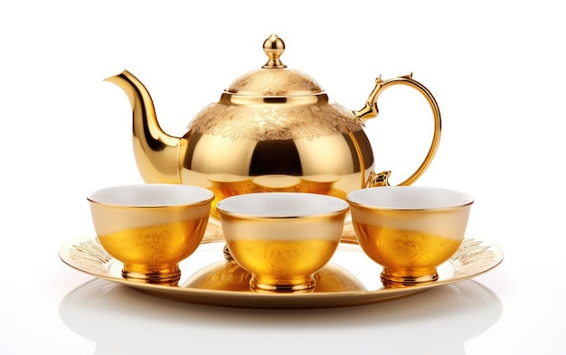 Gigapixel Capture of a Golden Teapot with Cups Isolated on Transparent Background