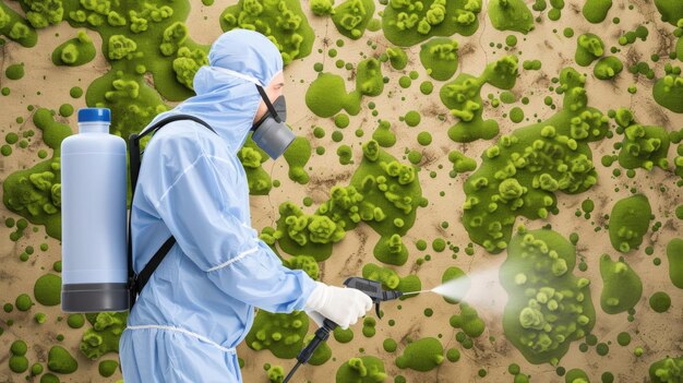 Photo a gigapixel view of a hazmat worker dispersing a green growth