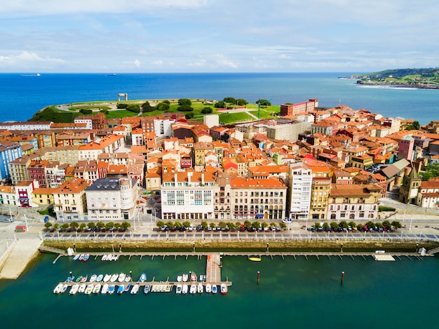 Gijon marina aerial panoramic view. Gijon is the largest city of Asturias in Spain.