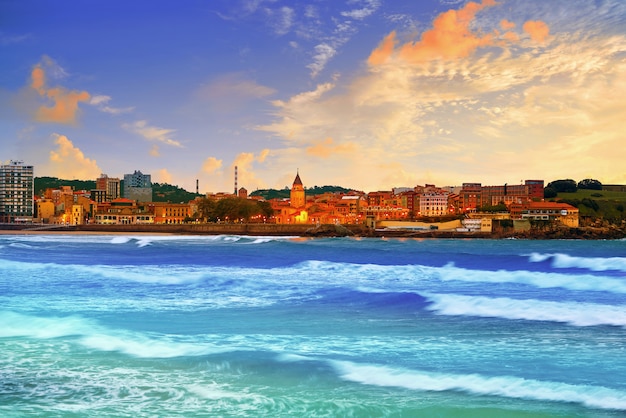 Gijon skyline sunset in San Lorenzo beach Asturias