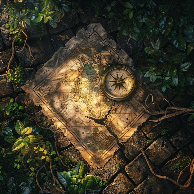 Gilded compass tattered map intrepid explorer unearthing ancient artifacts in a forgotten jungle