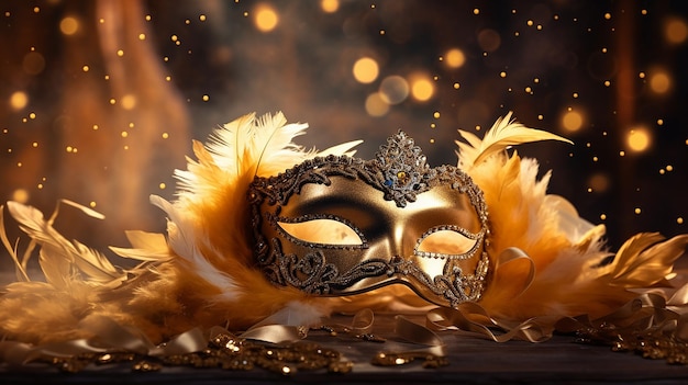 Gilded Masquerade Carnival Mask with Feather on Illuminated Background