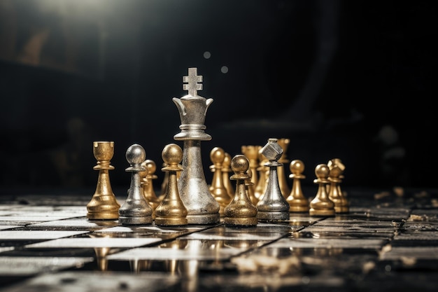 Gilded queen chess encompasses defeated silvery chess pieces representing business strategy