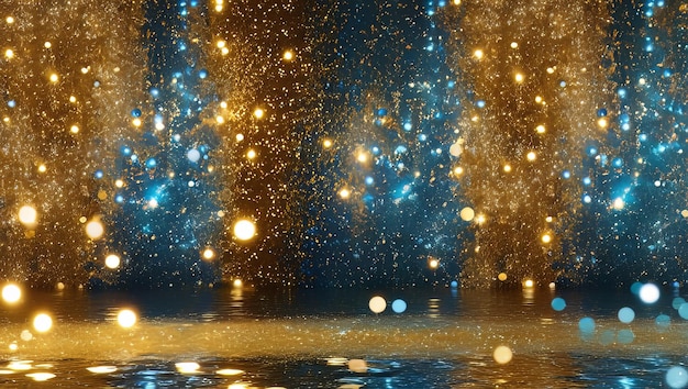 Gilded Sky Glittering Lights with Gold and Blue Particles Generative AI