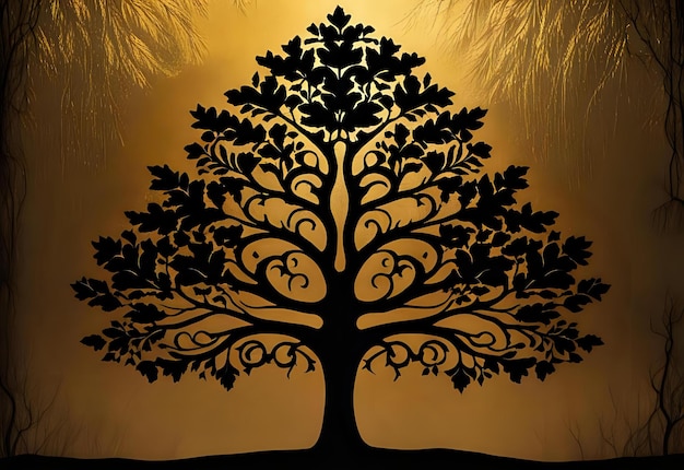 Photo gilded tree silhouette on dark background