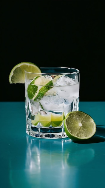 Gin and tonic in the transparent glass with a slice of lime next to it