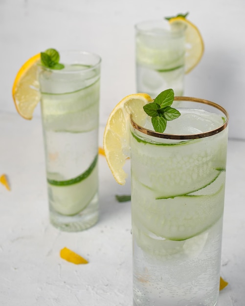 Gin Tonic with rosemary cucumber and lemon Cold summer drink Beverages and drink concept