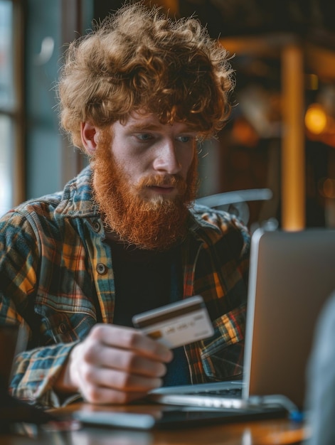 Photo ginger bearded man using laptop with credit card