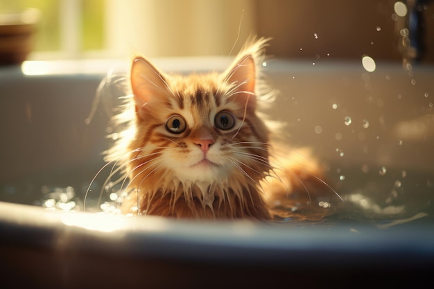 Ginger cat in a bath with foam washes