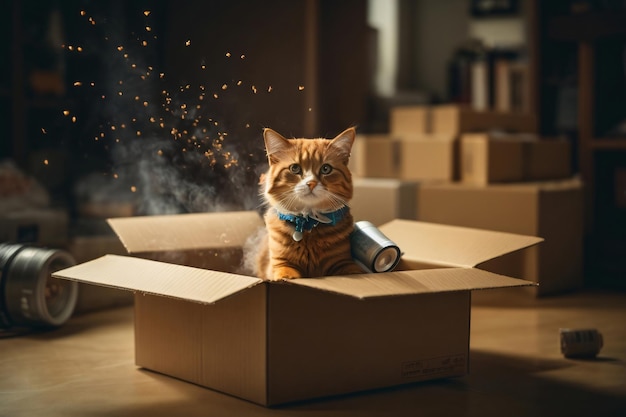 ginger cat in boxes in the home room moving to a new house