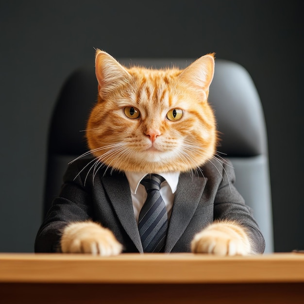 Photo ginger cat in a business suit sitting confidently at a desk ai generative