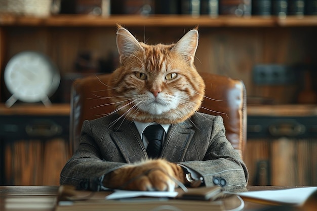 Photo a ginger cat dressed in a suit sits at a desk in an office