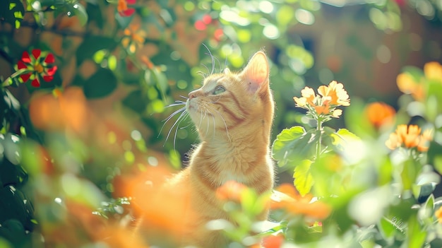 Photo ginger cat in a garden looking up at sunlight through flowers