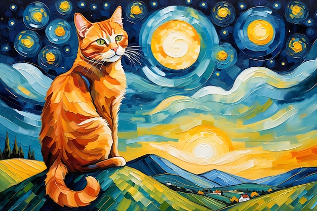 Ginger Cat on Hill Vincent van Gogh Parody for Wall Art and Cafe Decor