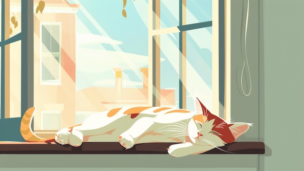 A ginger cat is sleeping in the windowsill The cat is enjoying the warm sunlight The background is a cityscape