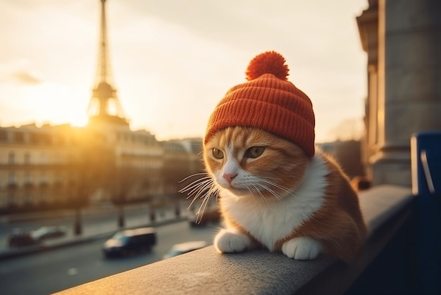 Ginger cat in knitted hat in sunset EIffel Tower on background Generative AI