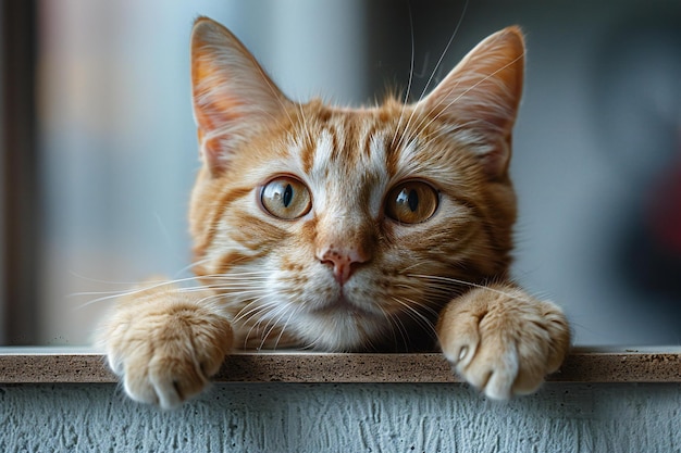 Ginger cat lying on the windowsill and looking at the camera