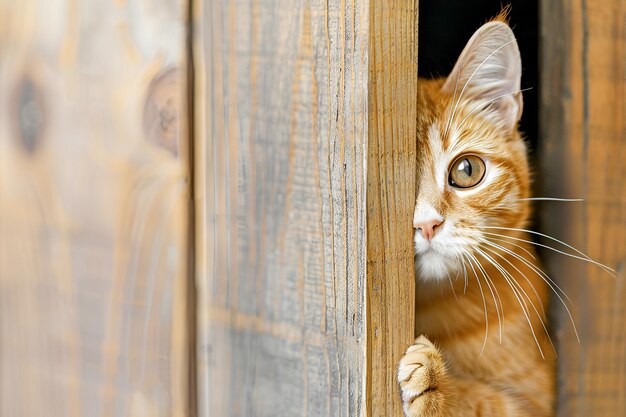 Photo a ginger cat peeking out of a wooden door