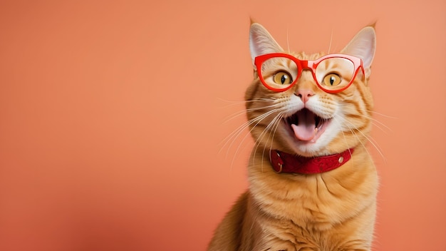 Ginger Cat in Red Glasses with a Surprised Expression