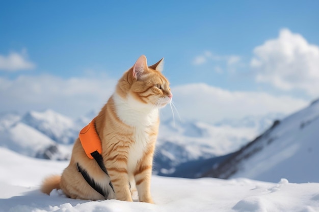 Ginger cat in rescuer belt in snow Generative AI