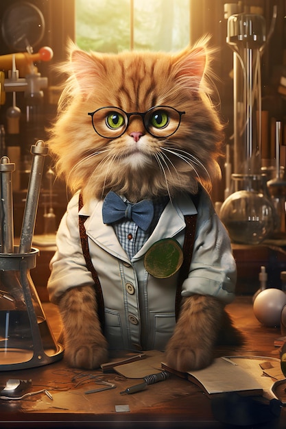 Ginger cat scientist researcher in uniform in scientific chemical laboratory Funny education study