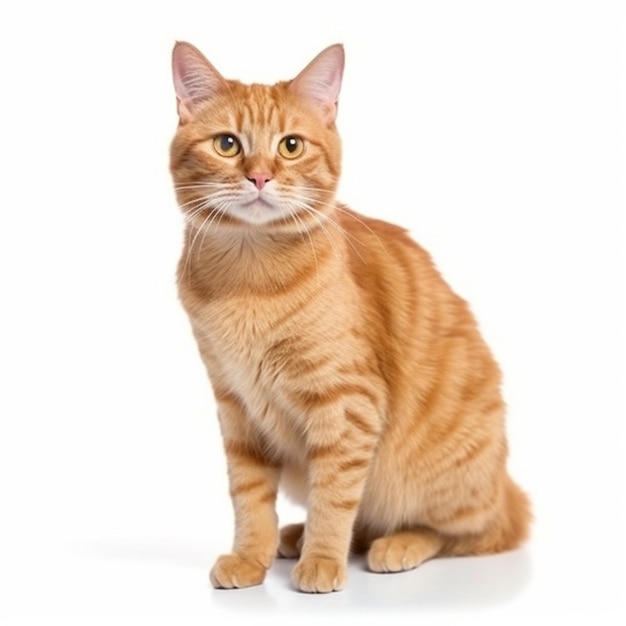 A ginger cat sits on a white background