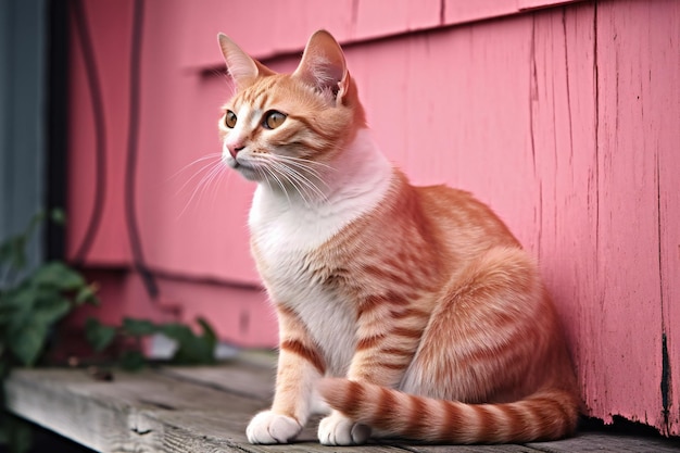 Ginger cat sitting on a wooden table in front of a pink wall