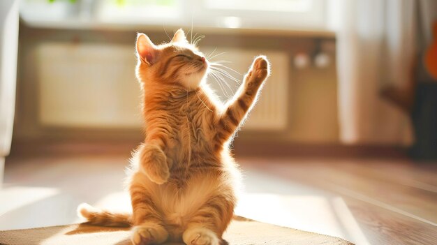 Photo ginger cat sitting in a yoga pose on a hardwood floor while soaking up the warm sunlight in a cozy home interior the furry pet appears calm