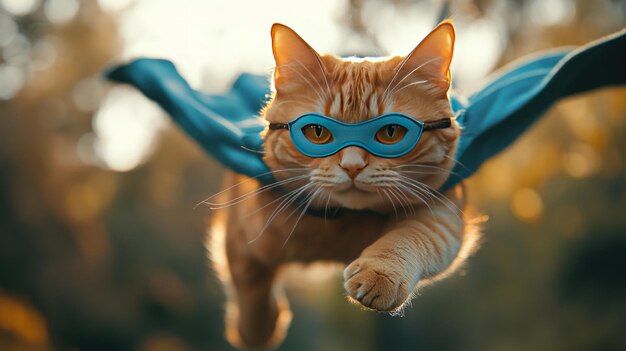 A ginger cat wearing a blue superhero mask and cape flying in the air