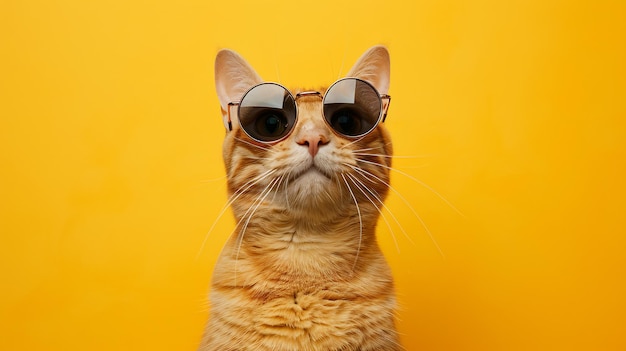 A ginger cat wearing round sunglasses looks directly at the camera on a yellow background