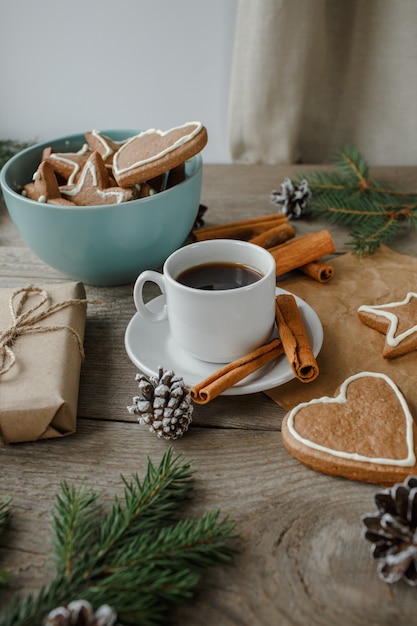 Ginger cookies, coffee, top view, christmas table, natural background