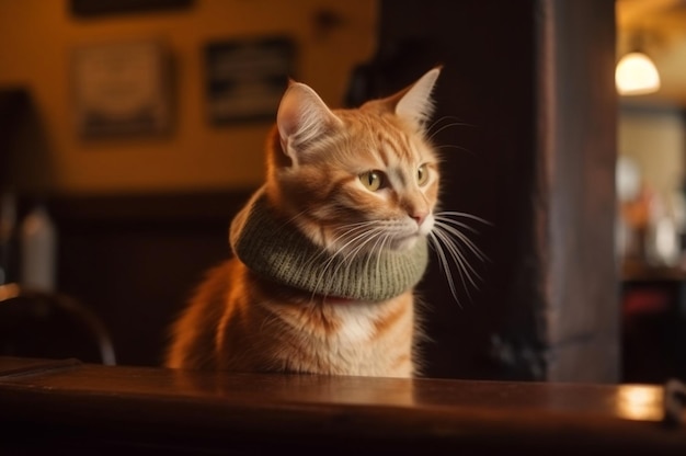 Ginger cute kitten in chunky knit hat in pub Generative AI