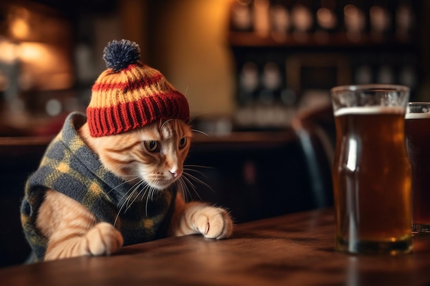 Ginger cute kitten in chunky knit hat in pub Generative AI