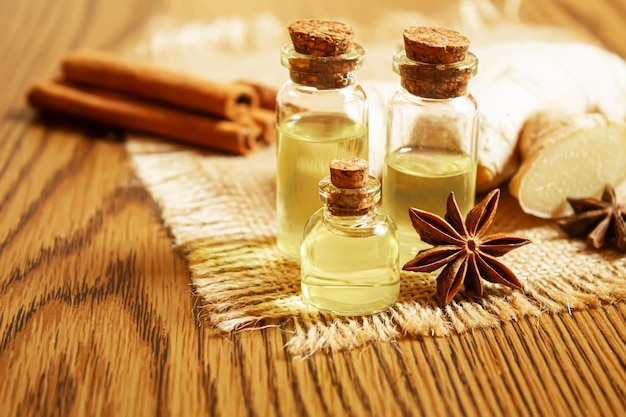 Ginger essential oil in a small bottle selective focusnature