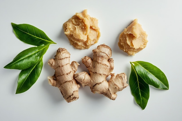 Photo ginger ginger with leaves on a white background