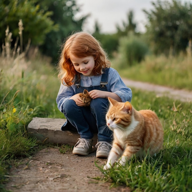 The ginger girl plays with a kitten on the street in the grass Country girl playing with a cat