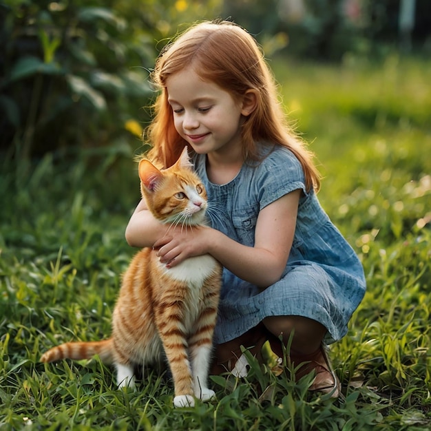 The ginger girl plays with a kitten on the street in the grass Country girl playing with a cat