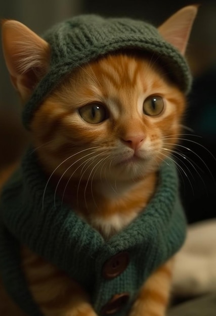 Ginger kitten in chunky knit green sweater and hat Generative AI