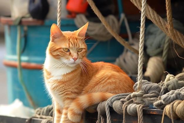 Ginger kitten in chunky knit sweater sitting on a boat Generative AI