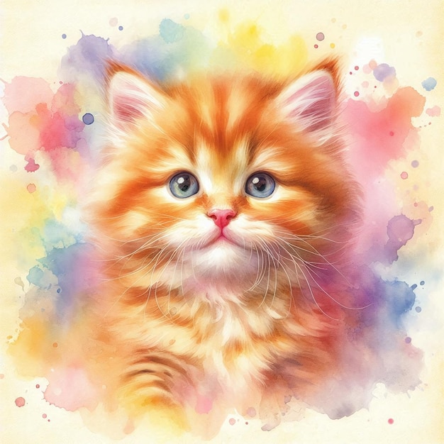 Photo ginger kitten watercolor portrait with colorful splatter